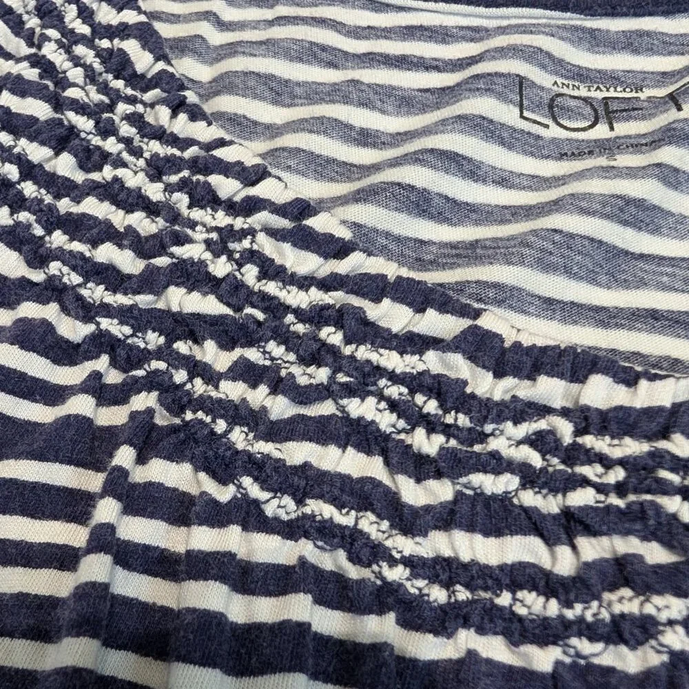 Ann Taylor Loft blue & white stripped sleeveless shirt with smocked neckline, - Picture 6 of 11
